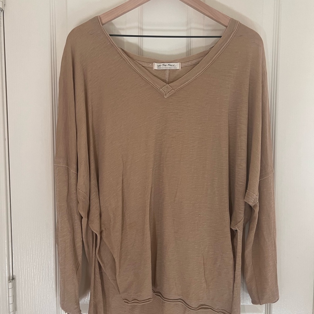 Free people Tan V-Neck Long Sleeve Top